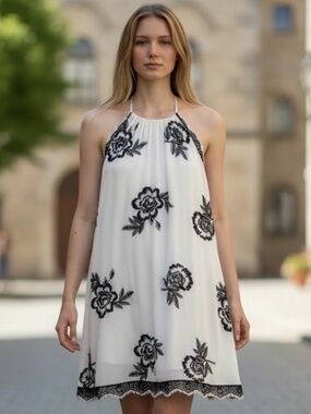 Haute Nites White and Black Halter Mini Sundress